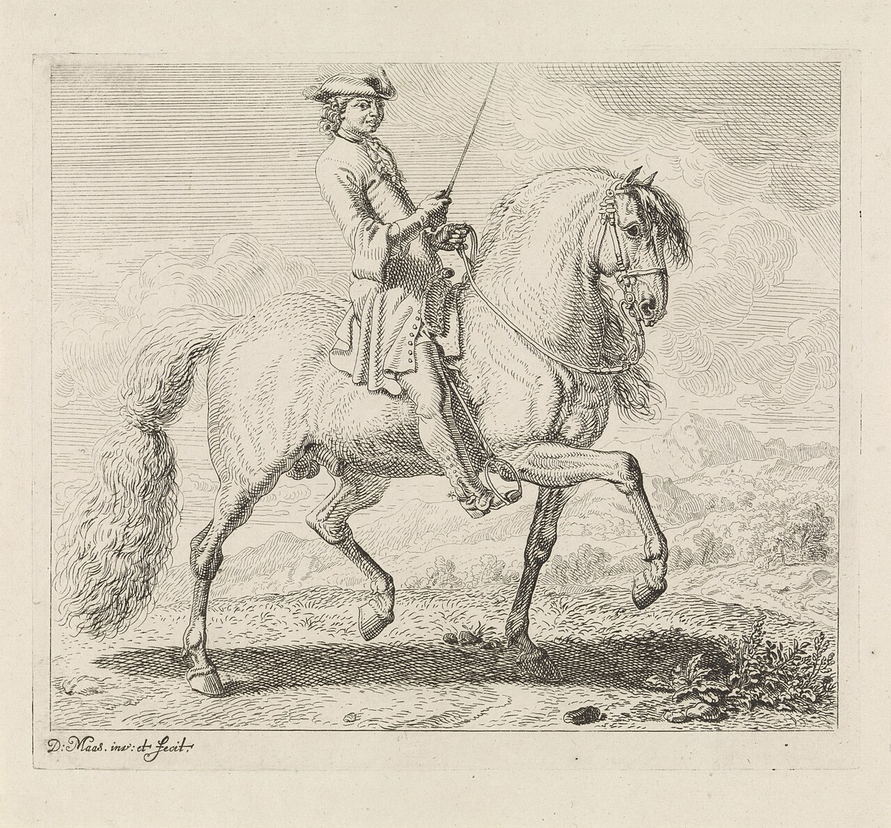 Etching of a baroque rider on a horse performing high school work, by Dirk Maas