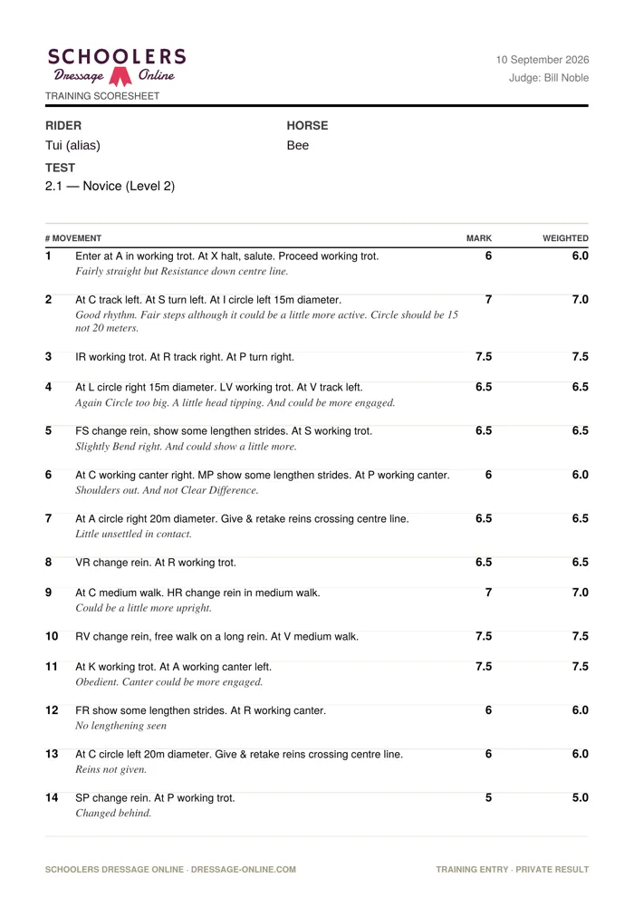 Sample Schoolers scoresheet, page one